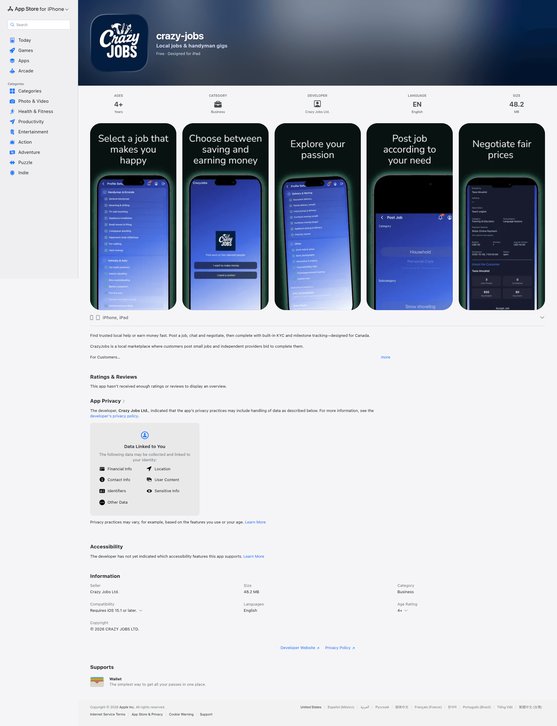 Crazy Jobs iOS app listing on Apple App Store